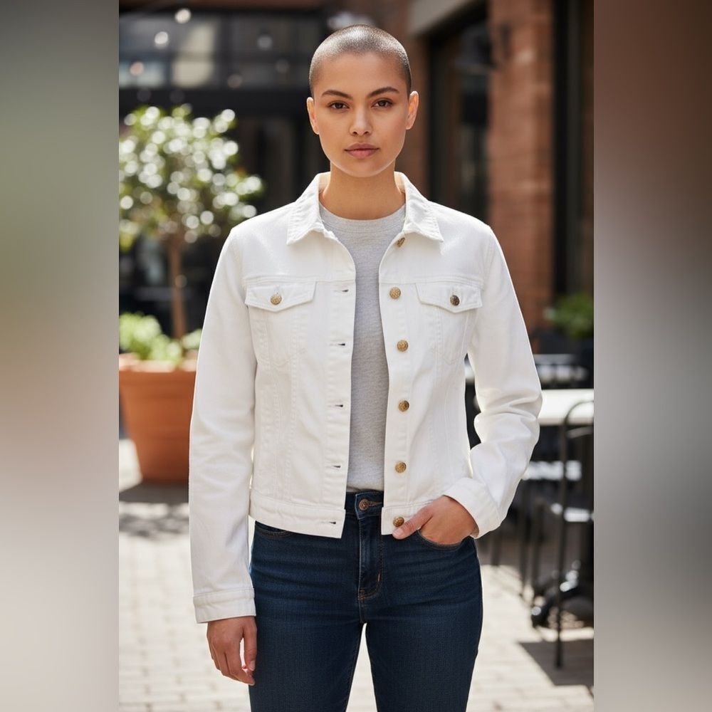 EUC Mud Pie Women’s Classic White Denim Long Sleeve Button Jacket - Size Large